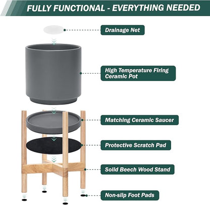 D'vine Dev Ceramic Planter with Natural Stand - 14 Inch Modern Round Flower Pot with Wood Planter Holder, Grey, 55-B-R-3
