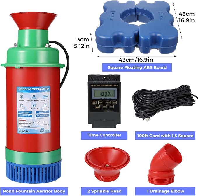 Pond Fountain Aerator Floating with Time Controller for Outdoor Large Ponds | AC110V 1HP 750W with 15000 GPH Aeration System Aerating Fountain Pump for Outdoor Ponds & Lakes with 15A/100FT Power Cord