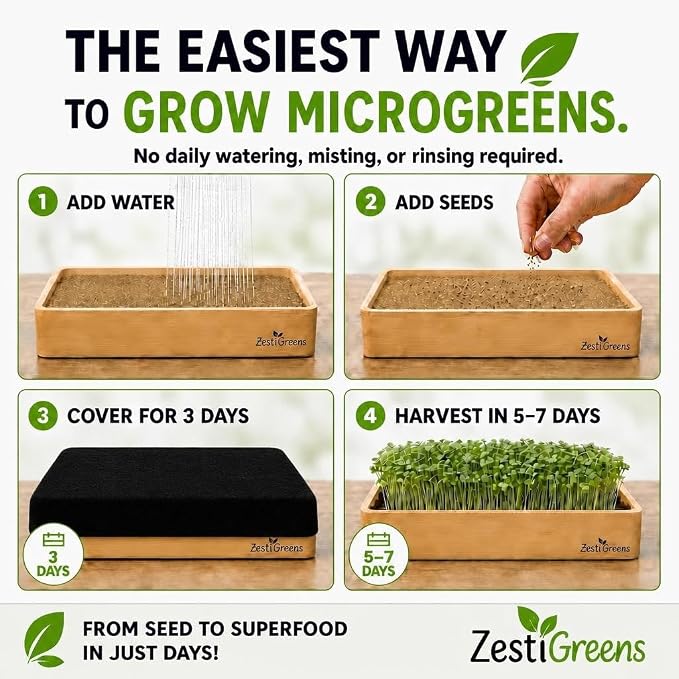 Organic Self-Watering Microgreens Growing Kit – Reusable Indoor Grow Tray with Organic Seeds, Grow Mats & Bamboo Frame – Easy No-Soil Microgreens Starter Kit (Broccoli & Salad Mix)