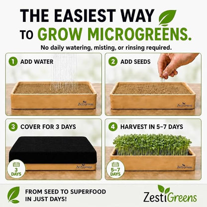 Organic Self-Watering Microgreens Growing Kit – Reusable Indoor Grow Tray with Organic Seeds, Grow Mats & Bamboo Frame – Easy No-Soil Microgreens Starter Kit (Broccoli & Salad Mix)