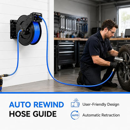 Aain AG40 Retractable Air Hose Reel, 1/2" Inch x 50' Ft Wall Mount Auto Rewind Hose-Reel, Heavy Duty Steel Air Hose Reel, Industrial Grade Rubber Hose, Blue