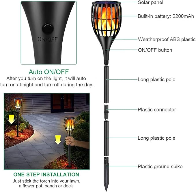 96 LED Solar Torch Lights 43" Waterproof Flickering Flame Lights | Realistic flickering flame, auto dusk-to-dawn, tool-free stake mount, all-weather durable, for garden patio lawn parties
