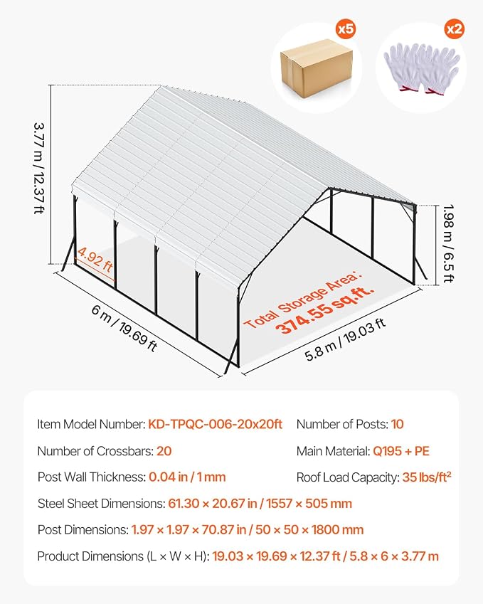 VEVOR Heavy Duty Metal Carport, 20 x 20 ft Outdoor Carport with Sturdy Frame & Roof, Car Garage Shade with Removable Sidewalls, Multi-Use Car Shelter for Pickup, Boat, Trucks & Tractors