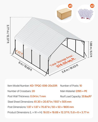 VEVOR Heavy Duty Metal Carport, 20 x 20 ft Outdoor Carport with Sturdy Frame & Roof, Car Garage Shade with Removable Sidewalls, Multi-Use Car Shelter for Pickup, Boat, Trucks & Tractors