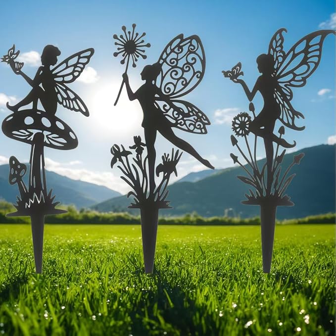 Decorative Garden Stakes， Fairy Garden Stakes, Butterfly Fairy Stakes for Weather Resistant Black Metal Outdoor Decorative Art for Women Gift (Matte Black, 3P-B)
