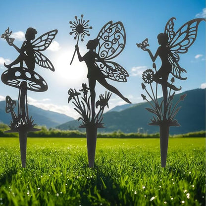 Decorative Garden Stakes， Fairy Garden Stakes, Butterfly Fairy Stakes for Weather Resistant Black Metal Outdoor Decorative Art for Women Gift (Matte Black, 3P-B)