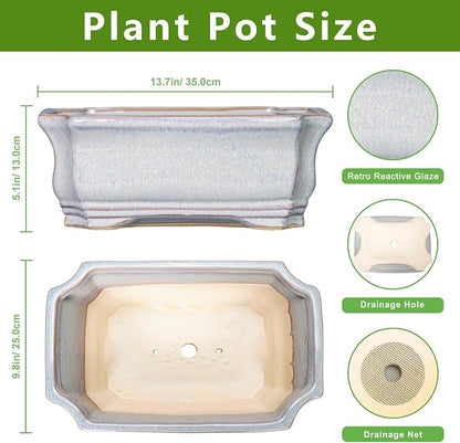 Bonsai Pots Ceramic - 13.7 Inch Succulent Planters with Drainage Hole, Bonsai Planters for Indoor Succulent Plants, Decorative Plant Pots, Front Porch Decor, Gardening Gifts, Rectangular Grey