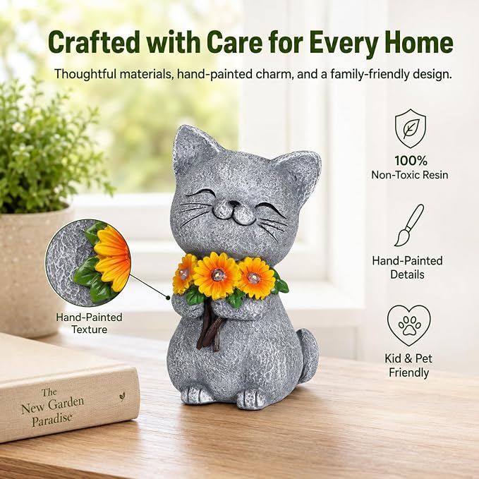 Solar Garden Statues Cat with Daisy and LED Lights Birthday Gifts for Women Mom Grandma Solar Outdoor Cat Decor for Outside,Outdoor Solar Lights for Yard, Garden and Patio, Unique Gift for Women