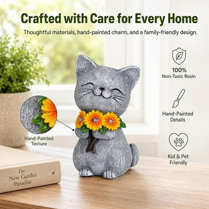 Solar Garden Statues Cat with Daisy and LED Lights Birthday Gifts for Women Mom Grandma Solar Outdoor Cat Decor for Outside,Outdoor Solar Lights for Yard, Garden and Patio, Unique Gift for Women