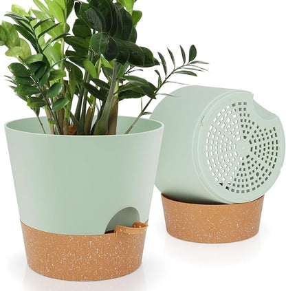YNNICO 10-Inch Plant Pots, Self-Watering Planters with Drainage Holes & Saucers for Indoor and Outdoor Plants (2-Pack, Green)