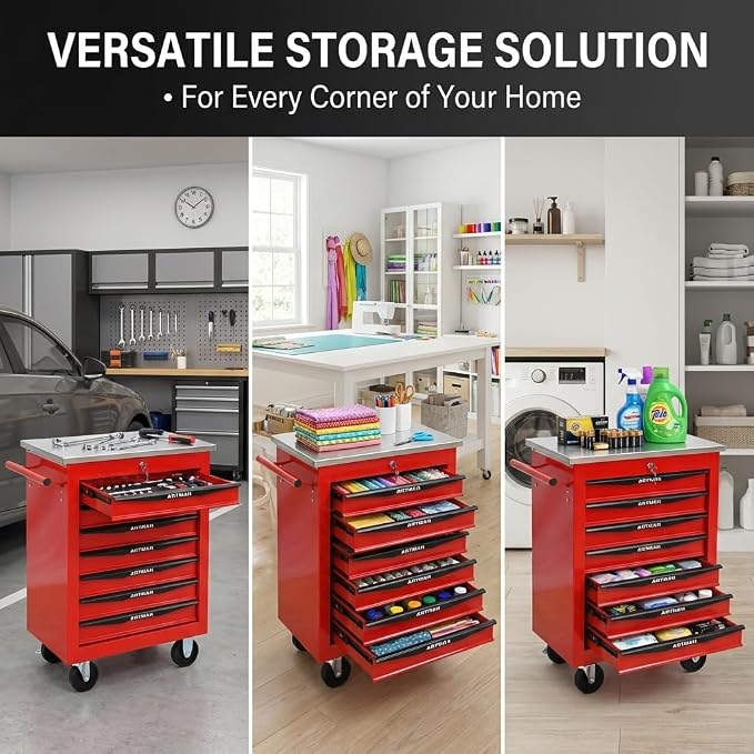 7-Drawer Rolling Tool Chest, Lockable Stainless Worktop for Garage, Red | Heavy Duty Metal Tool Cabinet with Drawers on Wheels for Warehouse and Workshop Storage