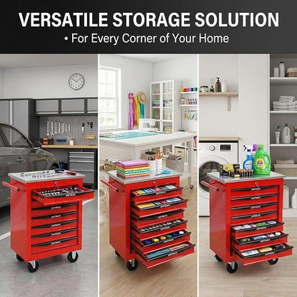 7-Drawer Rolling Tool Chest, Lockable Stainless Worktop for Garage, Red | Heavy Duty Metal Tool Cabinet with Drawers on Wheels for Warehouse and Workshop Storage