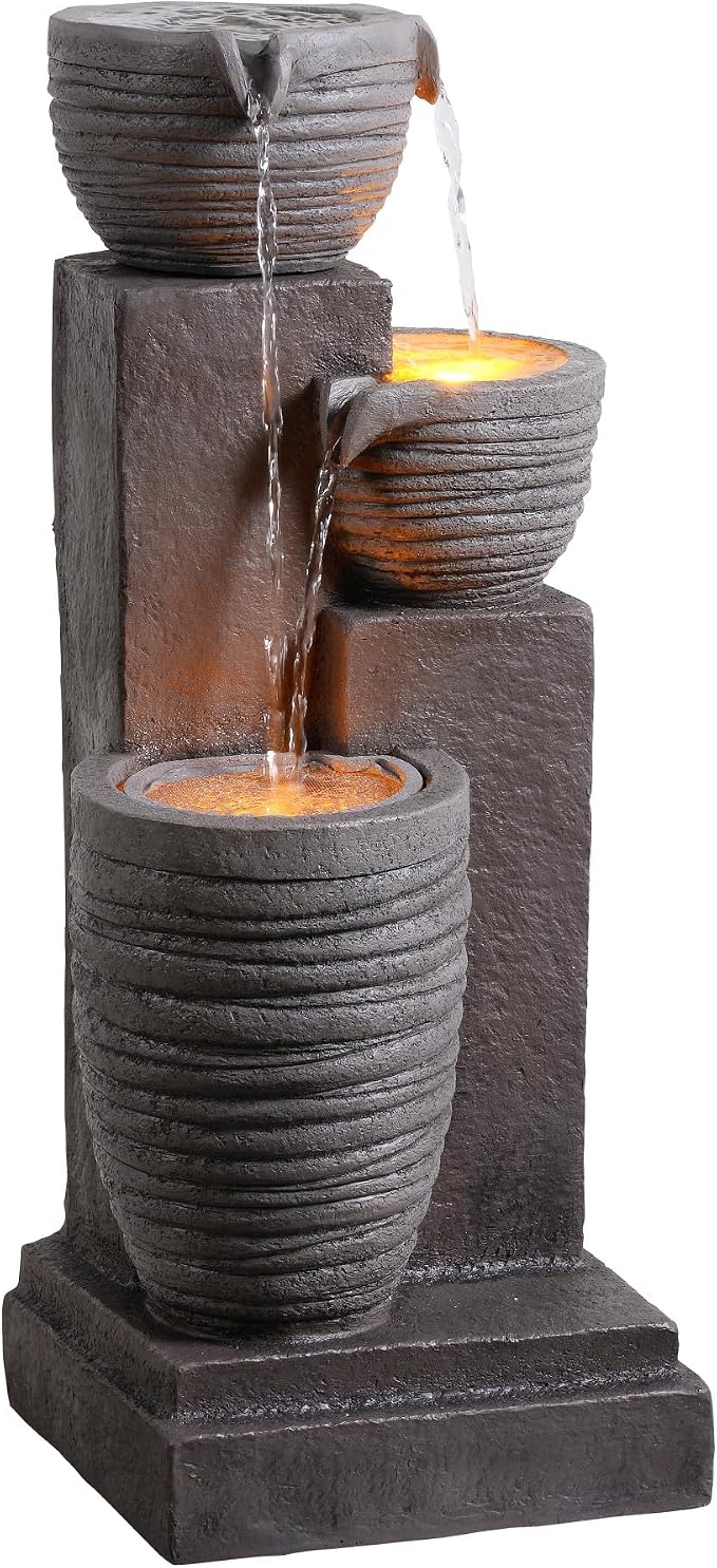 Teamson Home Horizontal Ribbed Pattern Outdoor Water Fountain, Warm Gray | Warm Glow Lighting, Adjustable Flow, Electric Pump