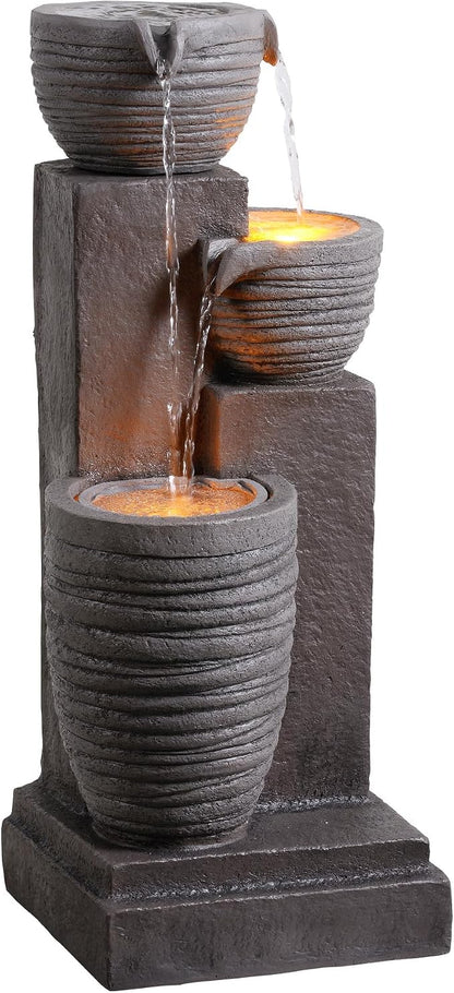 Teamson Home Horizontal Ribbed Pattern Outdoor Water Fountain, Warm Gray | Warm Glow Lighting, Adjustable Flow, Electric Pump