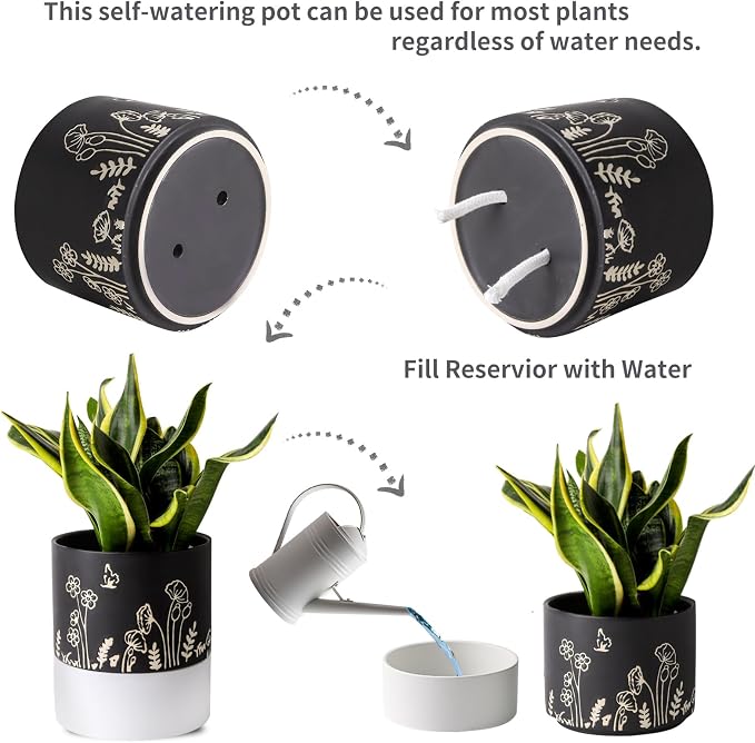 Nihow Self Watering Pots for Indoor Plants,6 Inch,Black,Hand Painting | Ceramic Planter, Drainage Hole & Water Storage Plus, Cylinder Round Flower Pot, For Succulent/Herbs/Violets
