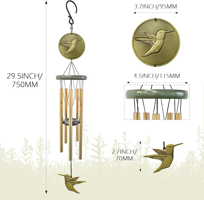 Hummingbird Wind Chimes for Outside,32 "Memorial Outdoor Wind Chime Create a Zen Atmospherer,Hummingbird Gift for Women Mother Father Christmas,Home Garden Patio Yard Decor(Bronze)
