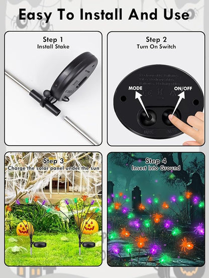 6 Pack Halloween Decorations Outdoor Solar Spider Garden Lights, Purple Orange and Green Scary Spider Swaying Firefly Lights with 2 Modes, Waterproof Halloween Pathway for Yard Garden Party Decor