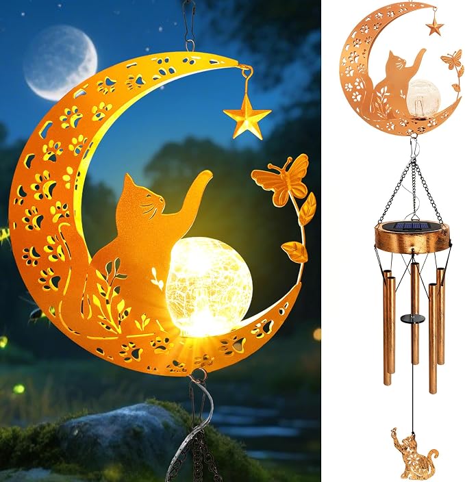 2Pack Solar Moon Cat Wind Chimes, Cat Lover Gifts for Mom Women Men Birthday Mothers Day, Hanging Outdoor Decor Cracked Glass Ball Memorial Large Wind Chimes for Garden Yard Patio Porch