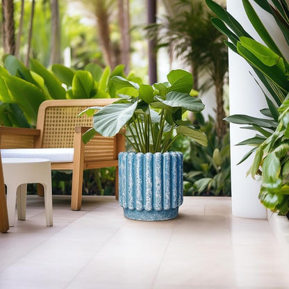 Ceramicfor Ceramic Planter, 12 Inch, Blue | Drainage Hole, Round Large Flower Pot, Fluted Decorative Design, Indoor Outdoor Use