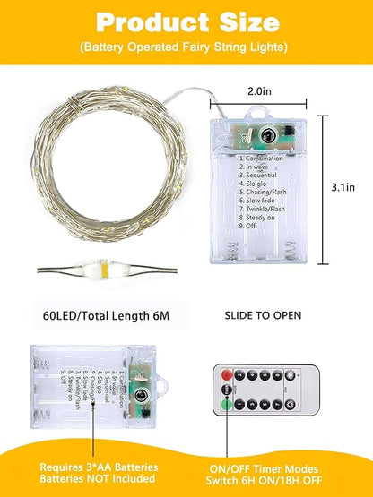 8 Pack 60 LED Fairy Lights Battery Operated with Remote, 8 Modes String Lights Indoor Outdoor, Cuttable Battery Light for Home Bedroom Wedding DIY Centerpiece Christmas Decorations (Warm White)