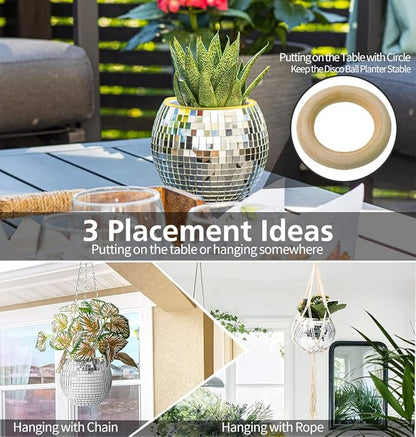 8" Silver Disco Ball Planter with Hanging Rope, Hanging Chain, Hook, Circle | for Decoration