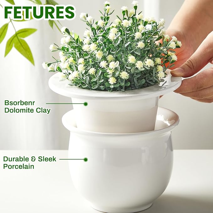 Suclain 2 Pack Ceramic Self Watering Plant Pot African Violet Pots Self Watering Indoor Flower Pot Efficiently Store Water for at Least One Week Modern Decor Gift(White,6.5 Inch)