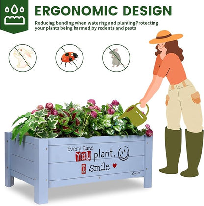 Raised Garden Bed for Kids - 30”L*18”W*13”H Elevated Wooden Planter Box Stand, Backyard, Patio, Balcony w/Bed Liner, 180lb Capacity (Blue)