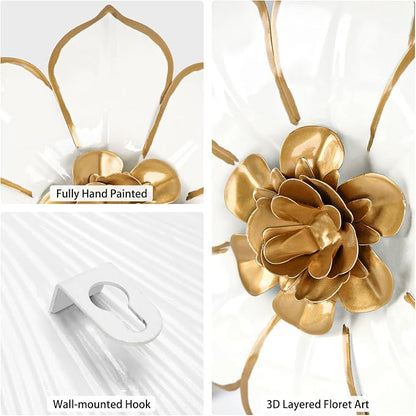 Metal Flowers Wall Decor White and Gold Wall Art Decorations Hanging Rustic Modern Floral Sculpture Single Wall Accent Artwork Indoor Outdoor for Bedroom Living Room Garden Patio Porch 10 Inch