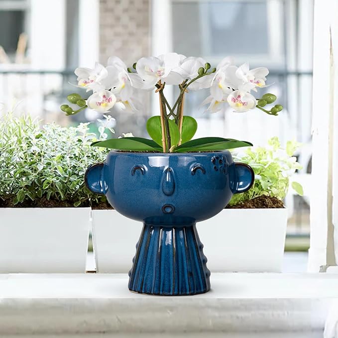 Head Planter Pot - 7 Inch Cute Face Planter for Indoor Outdoor Plants Ceramic Succulent Pot Round Flower Pot Present for Mother Christmas with Drainage Hole Blue