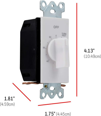 UltraPro 60-Minute In-Wall Spring Wound Countdown Timer Switch, Mechanical Timer for Lights, Bathroom & Exhaust Fans, No Neutral Wire Required, White, 41081