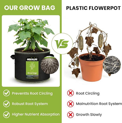 MEKOLIFE Fabric Grow Bags（5 Gallon 6Pack）, Thickened Aeration Planter Bags with Handles Plant Tags Seedling Bags for Outdoor Indoor Vegetable Garden, Black
