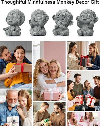 4 Piece Cute Monkey Figurine Set, Sandstone See no Evil,Hear no Evil,Speak no Evil,Do no Evil Statues, Zen Desk/Garden Decor, Mindfulness Animal Accents for Home Office