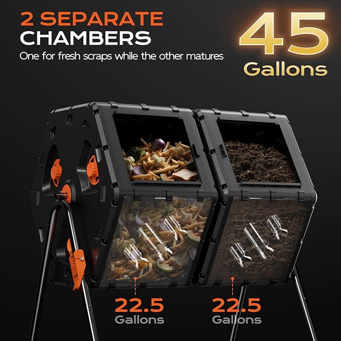 Update Compost Bin Outdoor 45 Gallon, Dual Separate Chamber 360°Rotating Composter, Garden Compost Bin for Fast Composting, Easy Assemble Compost Tumbler for Outside, Backyard, and Yard