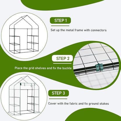 Outvita Walk-in Greenhouse, Outdoor Durable PE Plant Green House for Frost Protection with 3 Tiers 4 Shelves, Shelf Clips, Roll-up Zipper Door, 56"x29"x77" White
