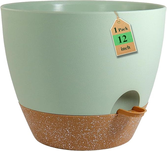 WSMKSZ 12 inch Large Self Watering Pots, Flower Plant Pots with Drainage Holes for Indoor Outdoor Garden Plants, Plastic Planters with Removable Deep Reservoir, Green with Brown
