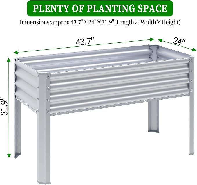 2Pcs Galvanized Raised Garden Bed with Legs, 43×24×32in Large Metal Elevated Raised Planter Box with Drainage Holes for Backyard, Patio, Balcony, 400lb Capacity,Sliver