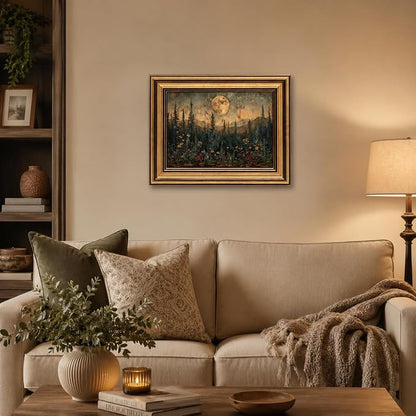 Devunaty Gold Framed Vintage Forest Full Moon Wall Art, Moonlit Pine Tree Wall Decor Paintings,Wildflowers and Mountains Rustic Woodland Nature Landscape Picture Canvas Print for Living Room 12"x16"