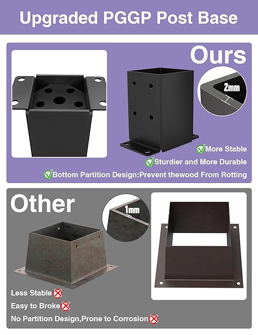 4 PCS Metal 4x4 Post Base, Inner Size 3.5"x3.5" Post Bracket | Heavy Duty, Anti-Corrosive Partition, Powder-Coated, Post Anchor, For Pavilion Deck Railing Support