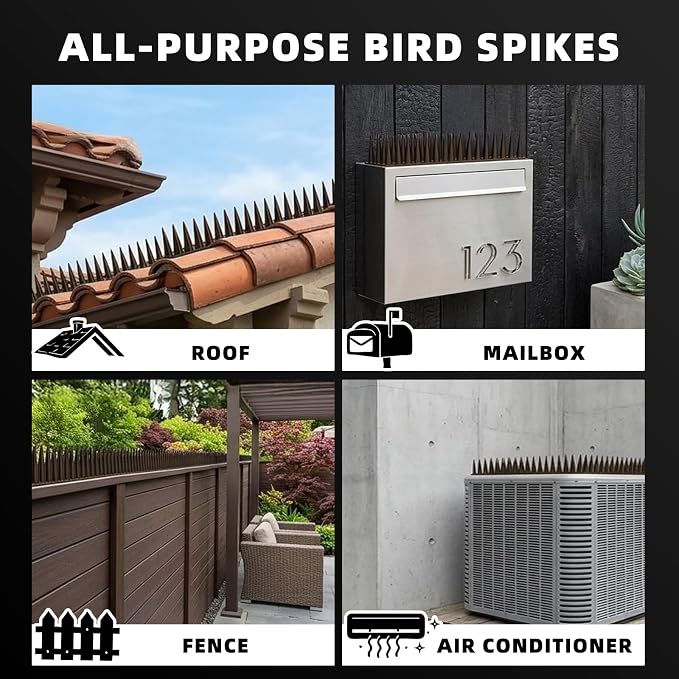 Bird Spikes, 30 Pack, 41.9 FT Total Coverage, Outdoor Bird Deterrent for Pigeons and Small Birds, Helps Keep Cats and Squirrels Away, Plastic Spikes for Fences, Railings and Roofs, Brown