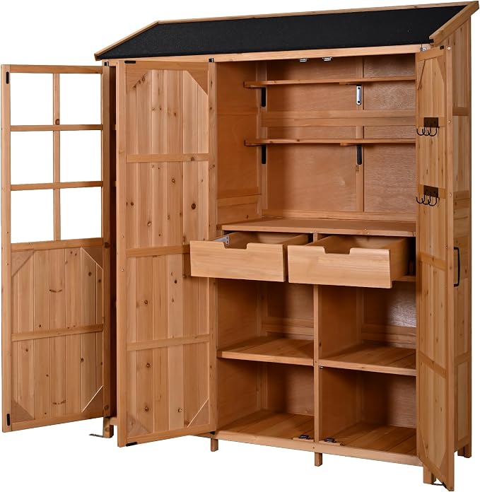 Merax Outdoor Wood Large Patio Garden Storage Shed with Waterproof Roof, 3 Doors Storage Cabinet with Workstation, 7 Storage Shelves, 2 Drawers and 6 Hooks for Backyard, Natural