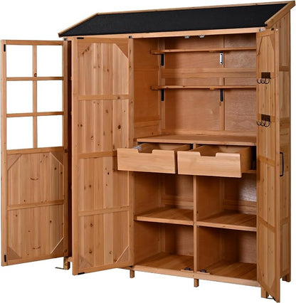 Merax Outdoor Wood Large Patio Garden Storage Shed with Waterproof Roof, 3 Doors Storage Cabinet with Workstation, 7 Storage Shelves, 2 Drawers and 6 Hooks for Backyard, Natural