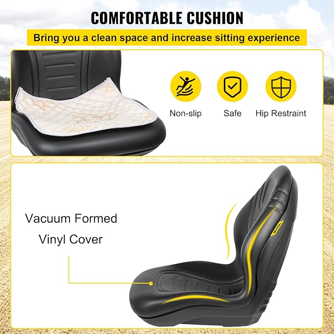 VEVOR Universal Tractor Seat Replacement 2 Pcs Compact High Back Mower Seat, Black Vinyl Forklift Seat, Central Drain Hole Skid Steer Seat with Mounting Bolt Patterns of 8" x 11.5" & 11.25" x 11.5"