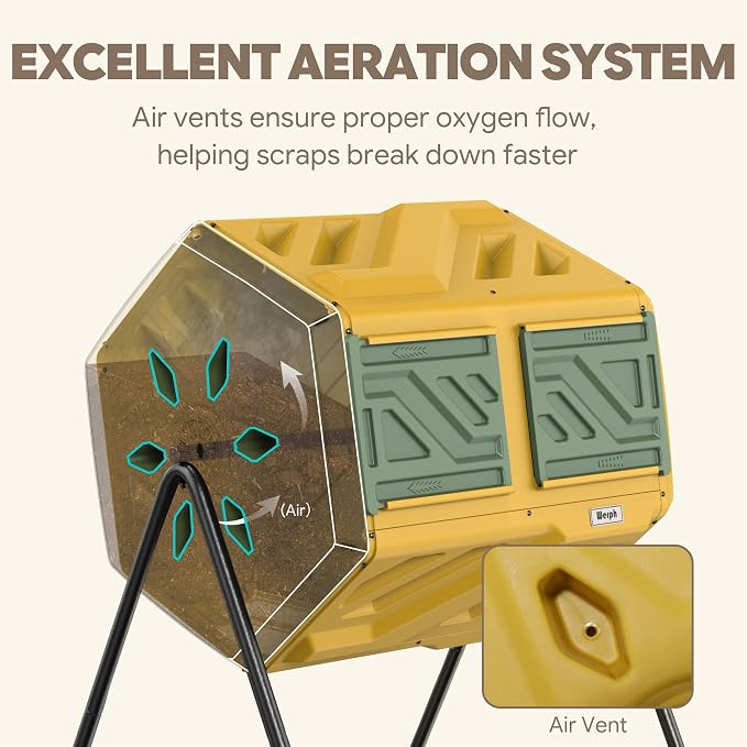 Werph 43 Gal Outdoor Compost Bin for Garden & Kitchen Waste, Yellow | Fast Assembly, Dual Chamber with Aeration System, 360° Rotating, Tumbling Composting Bin for Kitchen, Garden, Yard