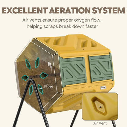 Werph 43 Gal Outdoor Compost Bin for Garden & Kitchen Waste, Yellow | Fast Assembly, Dual Chamber with Aeration System, 360° Rotating, Tumbling Composting Bin for Kitchen, Garden, Yard