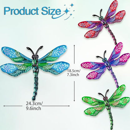 SUNREEK Metal Dragonfly Wall Decor - 9.6" Outdoor Fence Wall Art, Hanging Decorations for Garden Yard Patio Room Decorations, 4 Pack (Color-5)