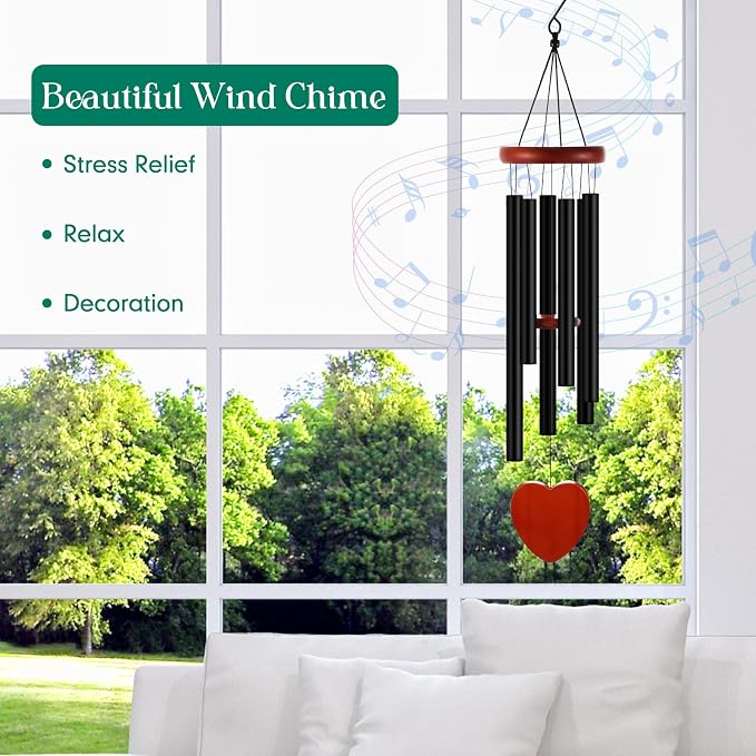 Leinuosen Wind Chimes for Outside Wind Chimes Outdoors Deep Tones 28" with 6 Aluminum Tubes Memorial Sympathy Windchime for Valentine Tree Decor Garden Courtyard Mom Loved One Gifts(Heart,Black)