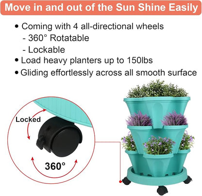 GameXcel Vertical Planter Tower - 3 Tier Stackable Garden Planters with Wheels and Tools Plant Pots for Strawberry Herb Flower and Vegetable Indoor Outdoor Use Teal
