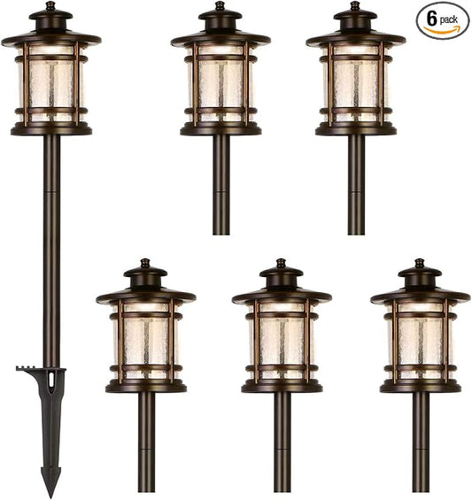 hykolity Low Voltage ORB LED Landscape Path Light with Crackled Glass Shade, 3.4W 155LM 12V-15V Wired Outdoor LED Walkway Light, Die-cast Aluminum Construction, 30-Watt Equivalent, 6 Pack