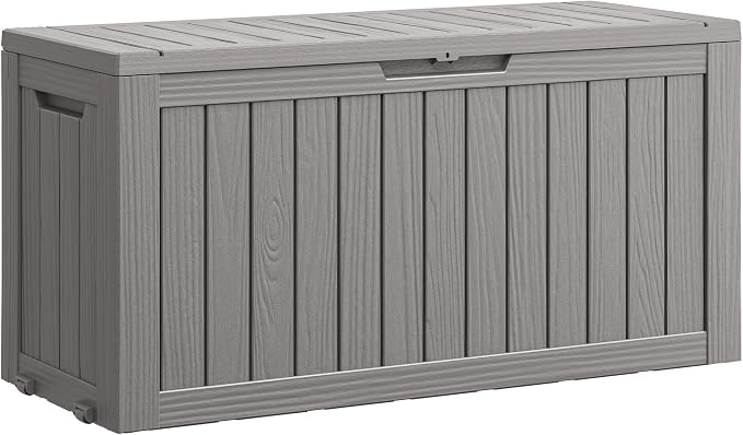 Outdoor Storage Box, 80 Gallon Resin Waterproof Deck Box with 4 Wheels and Lockable Lid for Patio Furniture, Outdoor Cushions, Garden Tools, Grey