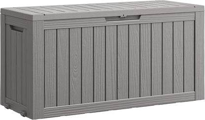 Outdoor Storage Box, 80 Gallon Resin Waterproof Deck Box with 4 Wheels and Lockable Lid for Patio Furniture, Outdoor Cushions, Garden Tools, Grey